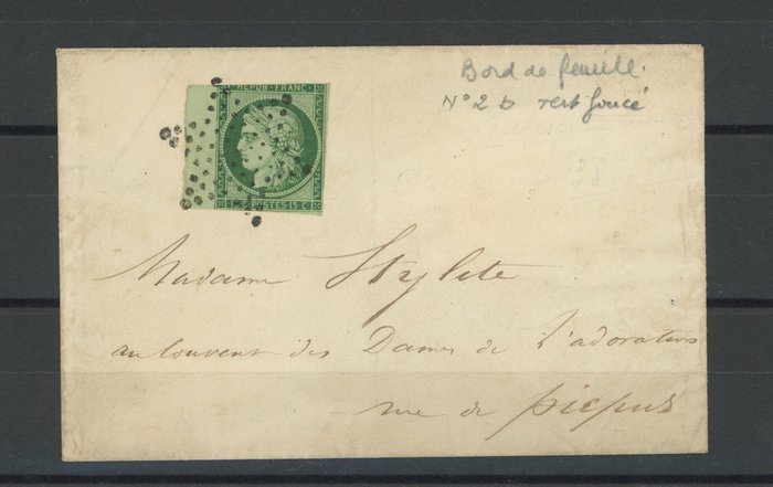 France 1850 - 15 cts Cérès Rép avec bdf seul sur enveloppe - COTE 1250 - 2b