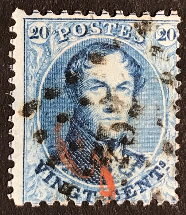 België 1863 - Getande medaillon 20 c Blauw - Merkteken "G" - Bank Paternostre Guillochin - Puntstempel 252 MONS - OBP 14A-G