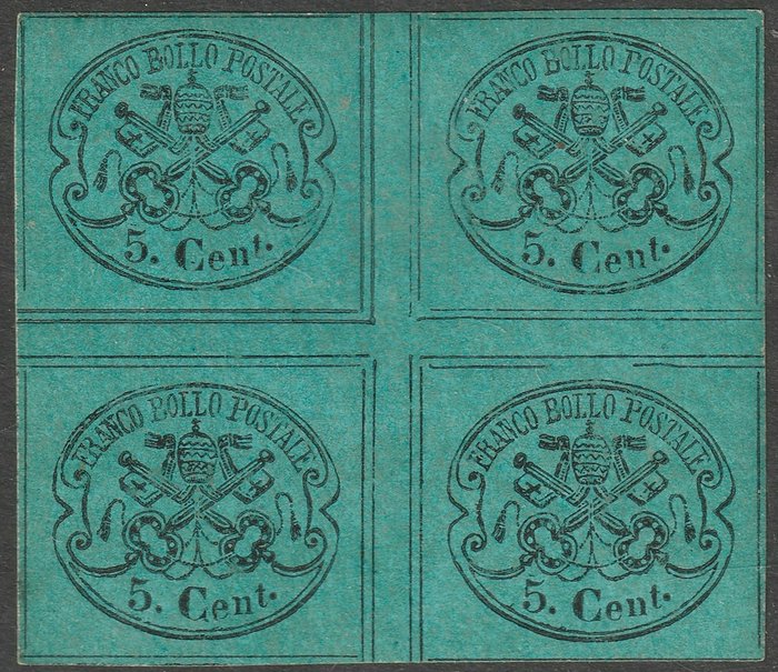 Italiaanse oude staten - Pauselijke Staat 1867 - 2nd issue 5 c. sky blue, gutter in the middle, block of four with good margins, very rare, with - Sassone n.16a INTERSPAZIO
