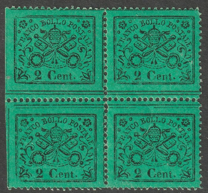 Italian Ancient States - Papal State 1868 - 3rd issue 2 c. yellow green, gutter in the middle, intact and centred block of four, very rare, with - Sassone n.22a INTERSPAZIO orizzontale