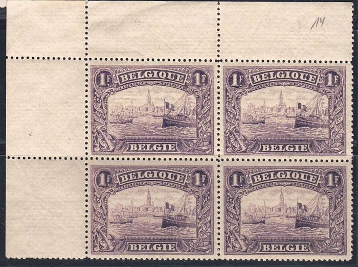 België 1915 - 1Fr Antwerpen in blok van 4 met perfecte centrage - OBP 145