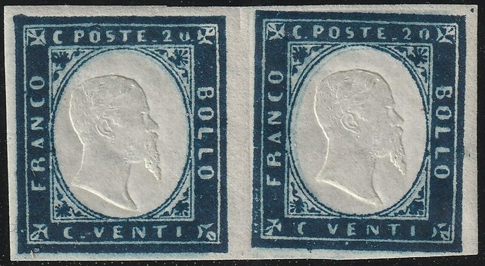 Anciens états italiens - Sardaigne 1859 - 4th issue 20 c. ultramarine indigo pair with very good margins, rarity, luxury, with several - Sassone n.15Bb