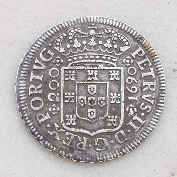 Portugal. D. Pedro II (1683-1706). 12 Vinténs (240 Reis) 1690 - Porto - Eixo Vertical