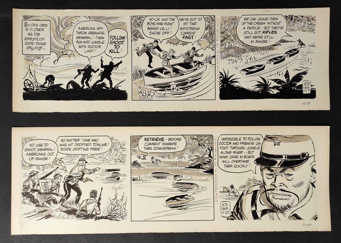 Secret Agent Corrigan - 2x Daily original strip by Bob Lubbers (as Bob Lewis) - Size (2x): 44,5 x 14,5 cm. - (1962)