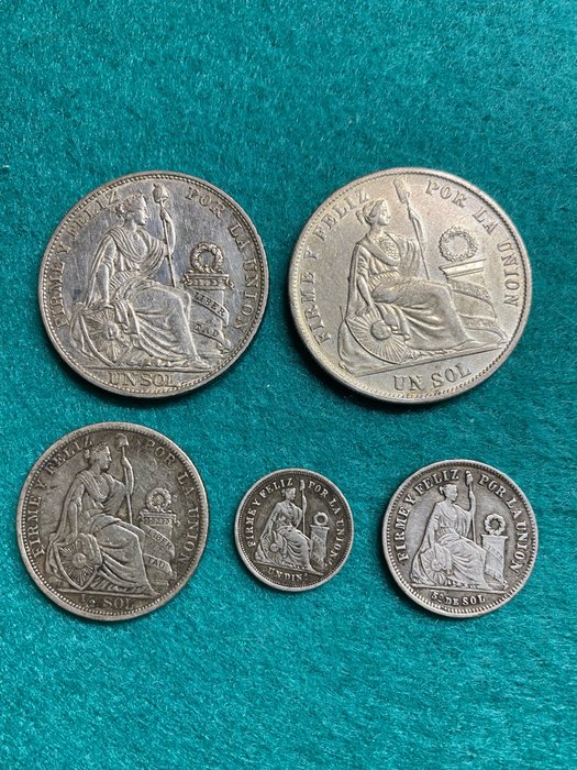 Peru - Alte Silbermünzen aus 1866-1907 - 5 Münzen.
