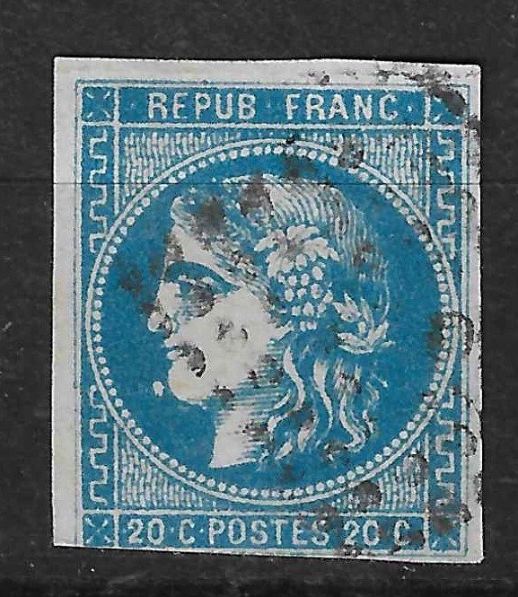 Frankrijk 1871 - Bordeaux issue, 20 cents blue, Type III, transfer 2 - Variety with ball - Yvert n°46B