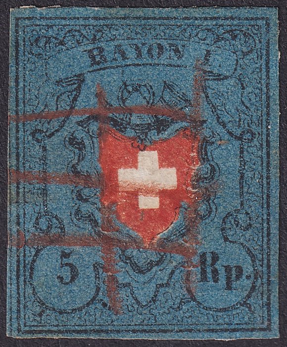 Schweiz 1850 - RAYON I, dunkelblau, SBK: 750.-+ - Nr. 15II/ MINR. 7II