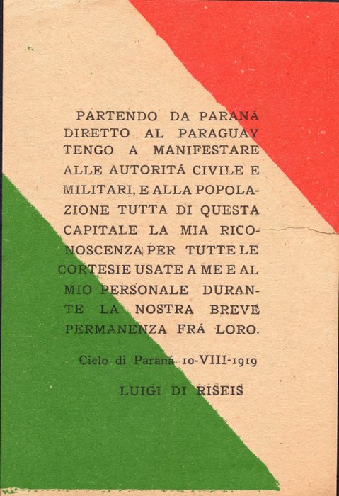 Italy Kingdom 1919 - Vertical tricolour flyer launched on Paraná - Longhi 1024 19FHb
