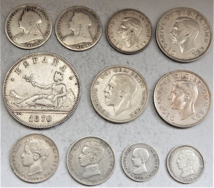 Spain, United Kingdom. 1 Shilling 1899/1900/1944 + 2 Shillings 1941/1946 + 1 Florin 1930 + 50 Cents 1892/1904 + 1 Peseta 1899/1903 + 5 Pesetas 1870 (11 pieces)
