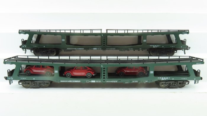 Fleischmann H0 - 5284/5285 - Goederenwagon - 2 stuks 4-assige autotransporters, deels met lading auto's, groen - DB
