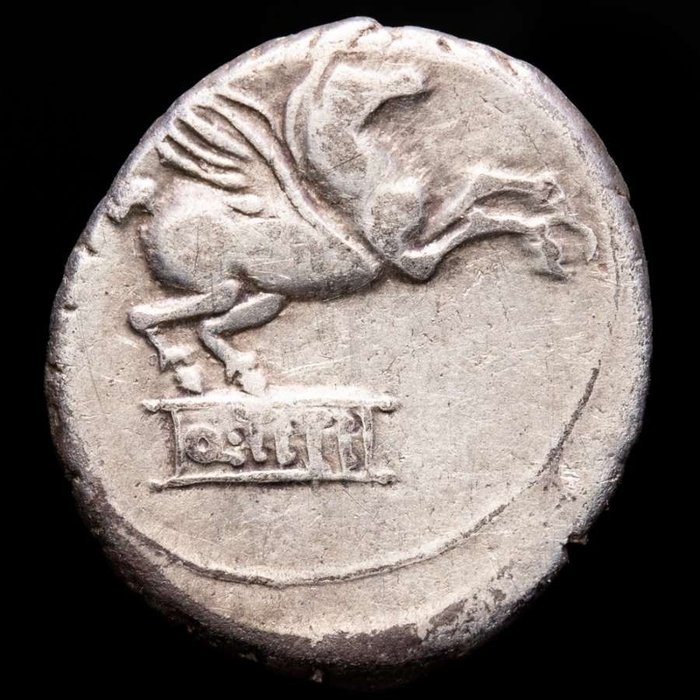 Roman Republic. Q. Titius, 90 BC. AR Denarius,  Rome mint - Head of Liber / Q. TITI on a tablet from which springs Pegasus
