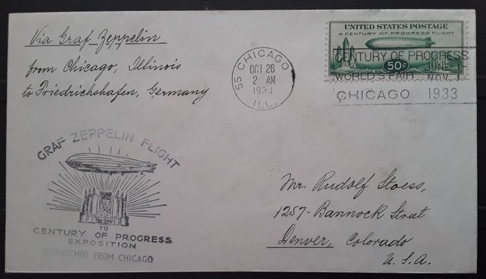 Vereinigte Staaten von Amerika - Zeppelin document - Century of Progress Exposition 1933 / Chicago to Friedrichschafen