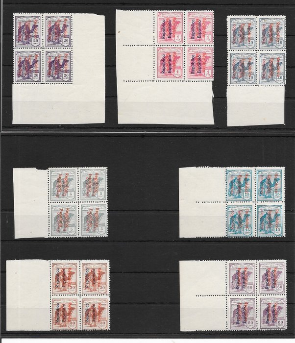 Spanisch-Sahara 1934 - Double overprint in block of 4, sheet margin, deluxe - edifil 36c/45c bloque de 4