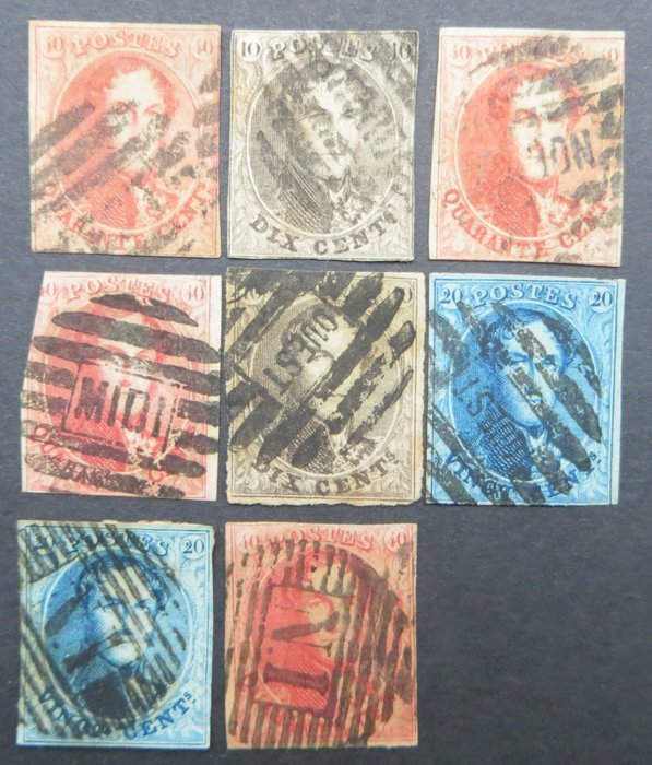 Belgium 1858 - Eight stamps with rare ambulatory cancellations - OBP/COB 10-12