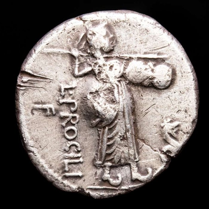 Roman Republic. L. Procilius, 80 BC. AR Denarius,  Rome mint. - L•PROCILI•F . Juno Sospita hurling spear and holding shield.