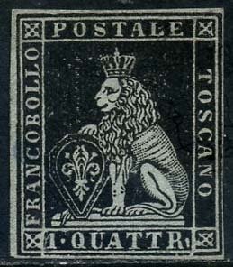 Anciens états italiens - Toscane 1851 - 1 quattrino black on light blue, 1st issue. Wide margins. - Sassone N. 1a