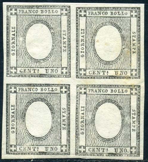 Anciens états italiens - Sardaigne - 1 cent black grey without figure. Wide margins, rare in block of four. - Bolaffi N. 44B