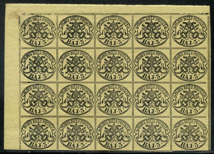 Anciens états italiens - États pontificaux 1852 - 3 baj chrome yellow, wonderful block of 20 pieces with a variety. - Sassone N. 4A