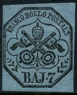 Anciens états italiens - États pontificaux 1852 - 7 baj light blue with good margins and very fresh. - Sassone N. 8
