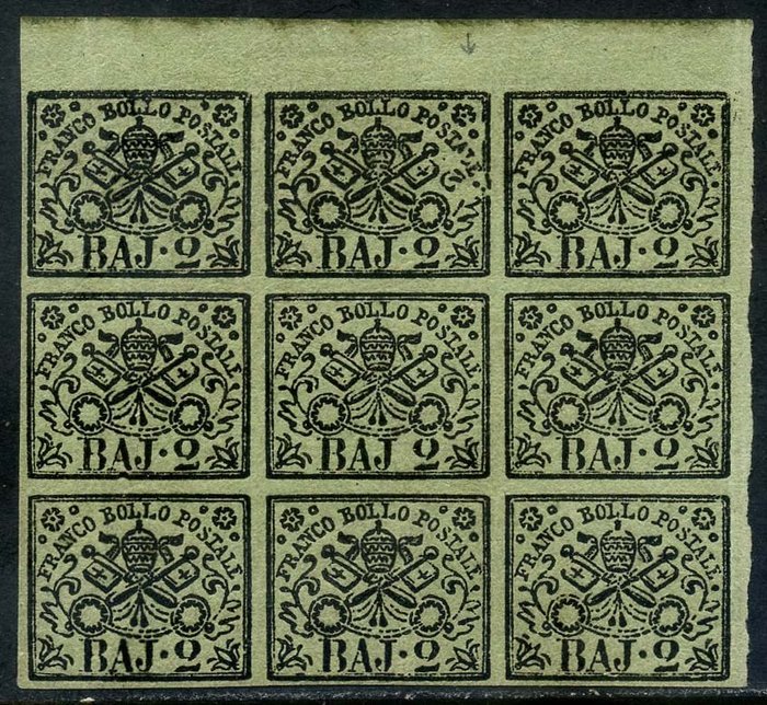 Italienische antike Staaten - Kirchenstaat 1852 - 2 baj yellowish green, machine paper, wonderful block of 9 pieces with one variety. - Sassone N. 3a