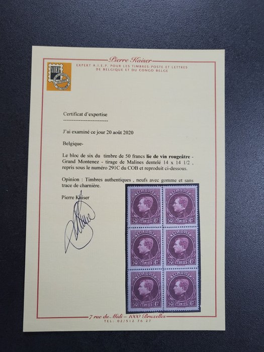 Belgien 1929 - Grand Montenez 291C Kaiser certificate - COB 291C