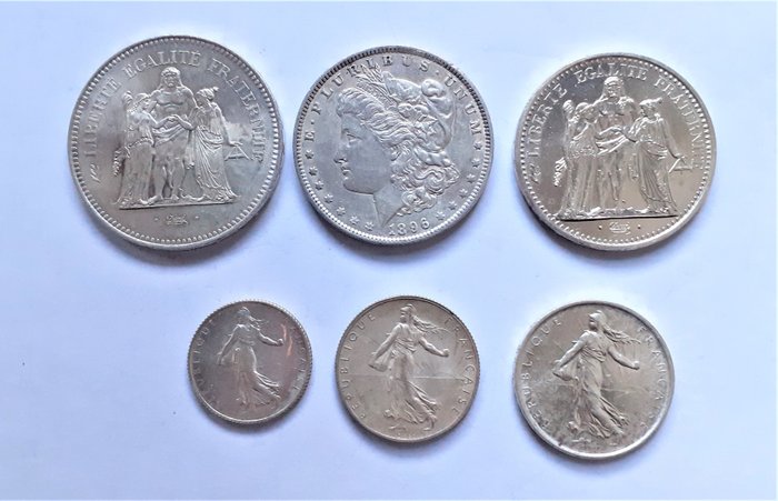 France, United States. Lot of 6 silver coins incl. Morgan Dollar 1896 - different dates