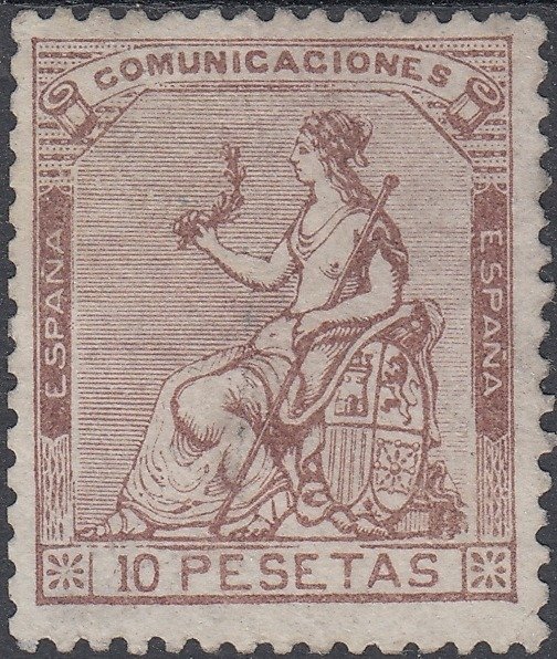 Spanje 1873 - Allegory of Spain. 10 pesetas chestnut brown violet. CEM certificate. - Edifil 140