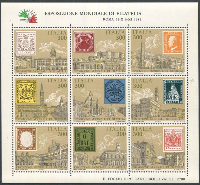 Italien Republik 1985 - Exhibition, souvenir sheet with double print of the Tuscan and Neapolitan stamps. Rare unpublished