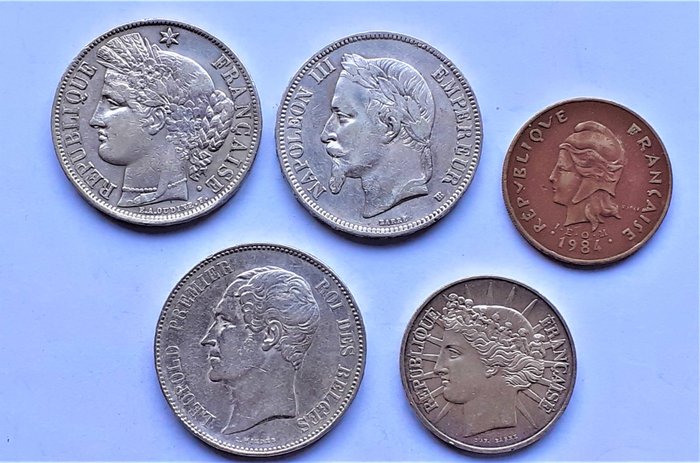 Belgium, France, French Polynesia. lot of 5 coins mostly silver - different dates