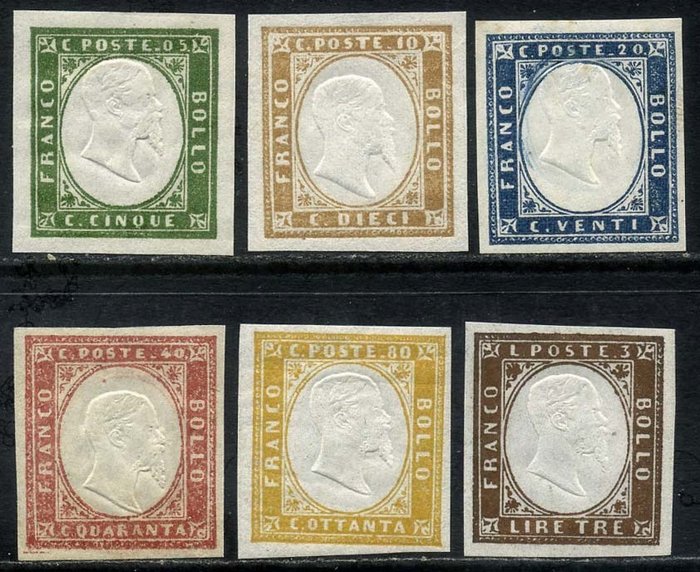 Anciens états italiens - Sardaigne 1855/1863 - 4th issue, set of 6 values with wide margins and very fresh. - Sassone N. 13/18