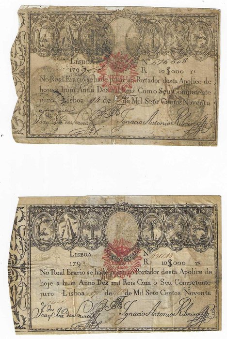 Portugal - Lote de 5 apólices reais de 2$400/5$000 /3x10$000 de 1798/99  de Pedro IV e D Miguel