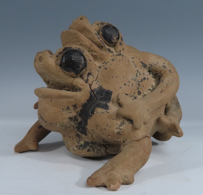 墨西哥韦拉克鲁斯州 Terracotta 一对青蛙。公元 600 – 900 年。高 10.1 厘米。西班牙出口许可证。