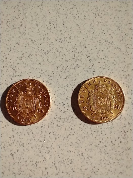 France. Napoléon III (1852-1870). 20 Francs 1865-A et 1867-A (lot de 2 monnaies)