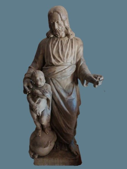 Beeld, Antiek 19e Eew  uit Kerk Belgié die is Gesloten Jozef met Kindje Jezus Beeld Statue (93 cm.) - Gothisch - Gips - 19e eeuw