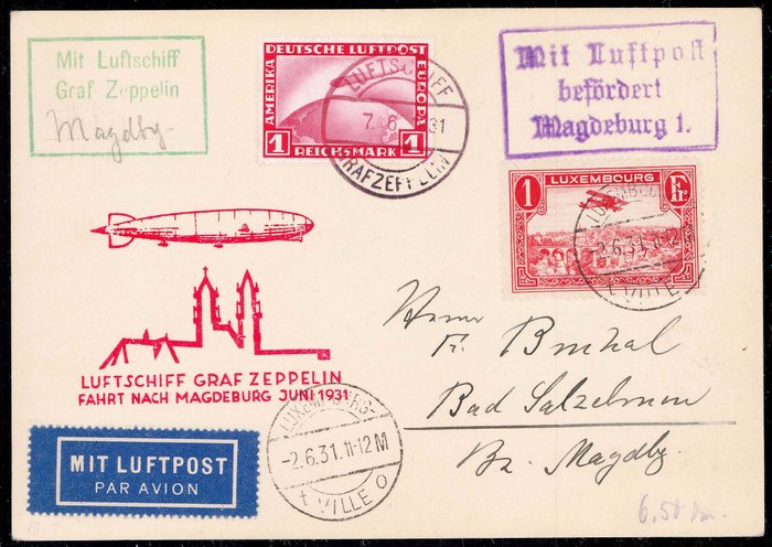 Luxemburg 1931 - Luftschiff Graf Zeppelin Landungsfahrt nach Magdeburg Zuleitung aus Luxemburg - Sieger:109