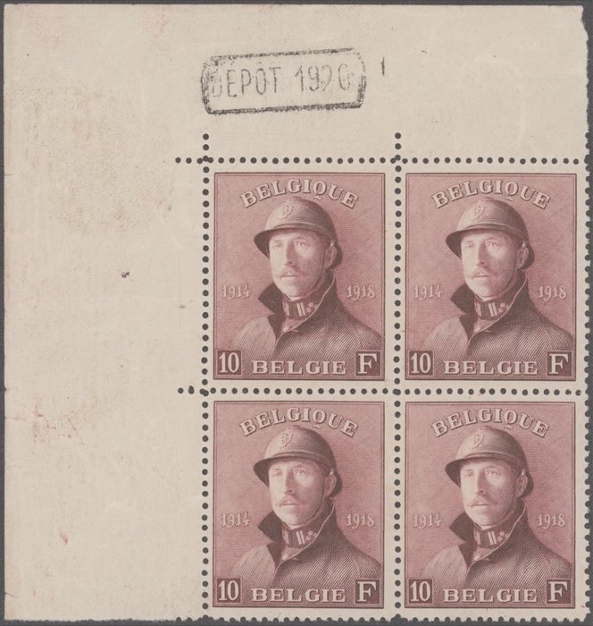 Belgium 1919 - King with helmet, block of 4 dated corner, date stamped 1920 - COB 178
