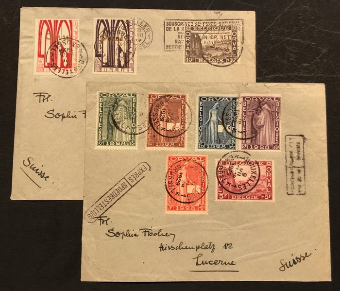 Belgique 1926 - Issue 1928 First Orval - Complete set on letter covers Brussels - Luzern (Switzerland) - OBP 258/266