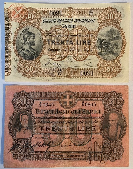 Italië - 2 x30 Lire 1874 "Credito Agricolo Sardo" + 1879 "Banca Agricola Sarda" - Gavello/Boasso p. 576 02.053 +  p. 588 02.082