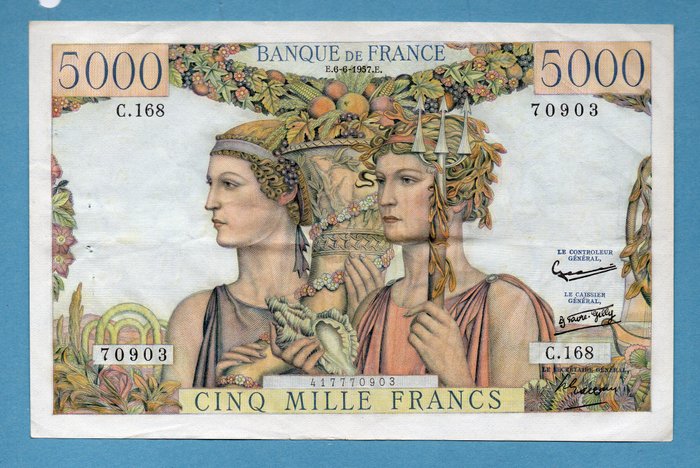 Frankrijk - 5000 Francs 6-6-1957 - TERRE ET MER - Fayette 48-15 - Pick 131d