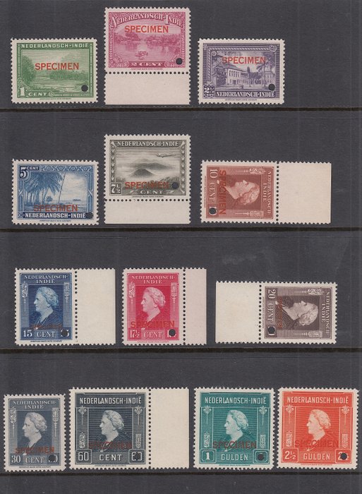Nederlands-Indië 1945 - Landschap en Koningin Wilhelmina, met opdruk SPECIMEN - NVPH 304/316