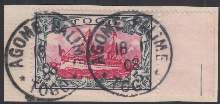 German Colonies - Togo 1900/1919 - 5 M. green-black/carmine red, ‘AGOME PALIME. TOGO’ postmark - Michel. 19