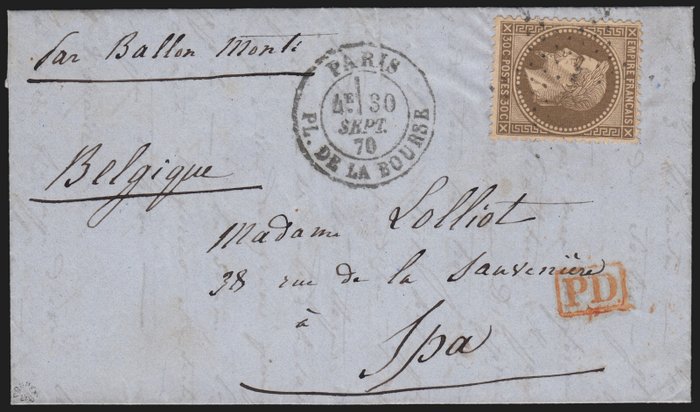 Frankreich 1870 - Balloon mail, the ‘Armand Barbès’, bound for Spa, Belgium, with certificate.