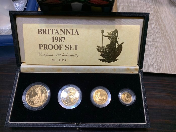 Verenigd Koninkrijk. 10 + 25 + 50 + 100 Pounds 1987 Proof 'Standing Britannia' (4 pieces) in set total 63 gram 917/1000 gold