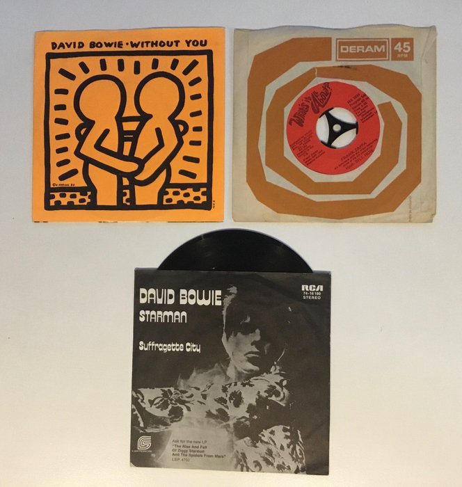 David Bowie - 3x Single 45's [inc. David Bowie / Frank Zappa – What's It All About? Rare Press] - Différents titres - 45 rpm Single - Stéréo - 1983/1972