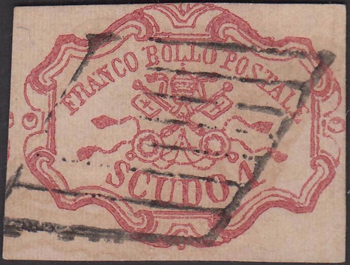 Anciens états italiens - États pontificaux 1852 - I emissione 1 scudo carminio - Sassone N. 11