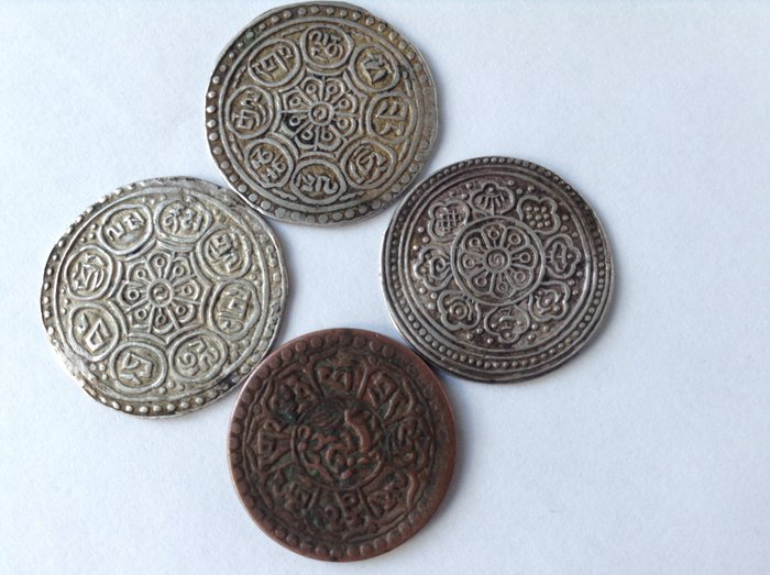 China, Tibet. Collection of 3 silver and 1 copper coins 1880-1907
