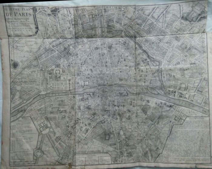 Francia, Paris; A. Coquart / N. de Fer - Huitième plan de Paris divisé en ses vingts quartiers - 1705