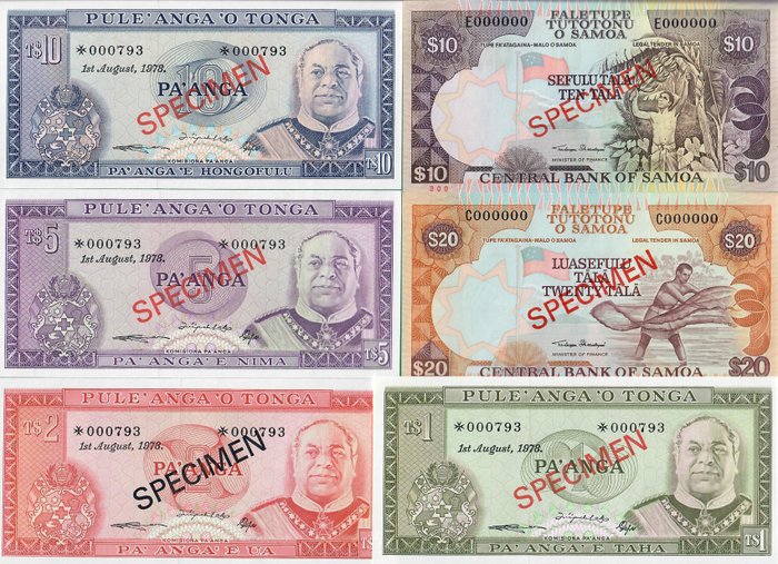 Mondo - Samoa, Tonga - 7 banknotes - all Specimens - Various dates - Pick CS1  - Pick 34a and 35a