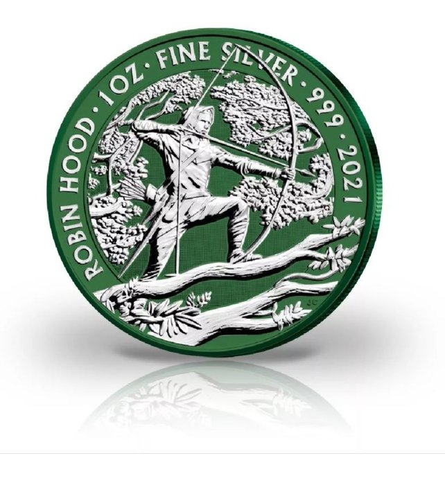 Regatul Unit. 2 Pounds 2021 Robin Hood - UK Silber Mystic Forest - Space Green, 1 Oz (.999)  (Fără preț de rezervă)