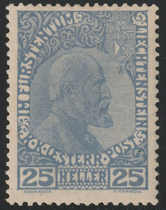 Liechtenstein 1912 - Principe Giovanni II 25 h. oltremare su carta ordinaria opaca integro molto raro Certificato - Unificato n.3b